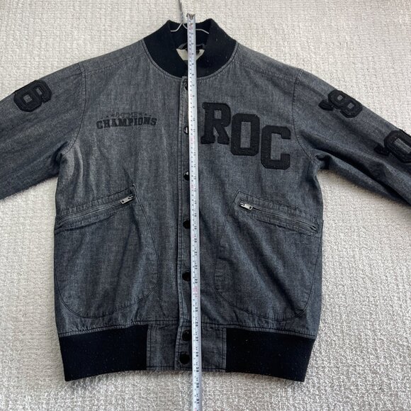 Rocawear Jacket Dark Denim Varsity Bomber Embroidered Sports Y2K Retro Men M - Picture 9 of 15
